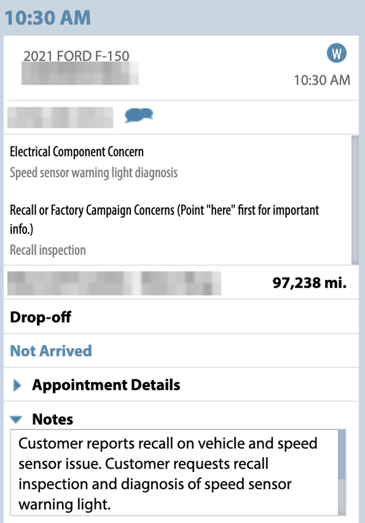 Xtime appointment booked by the AI: warning light diagnosis, drop-off, with the AI's notes