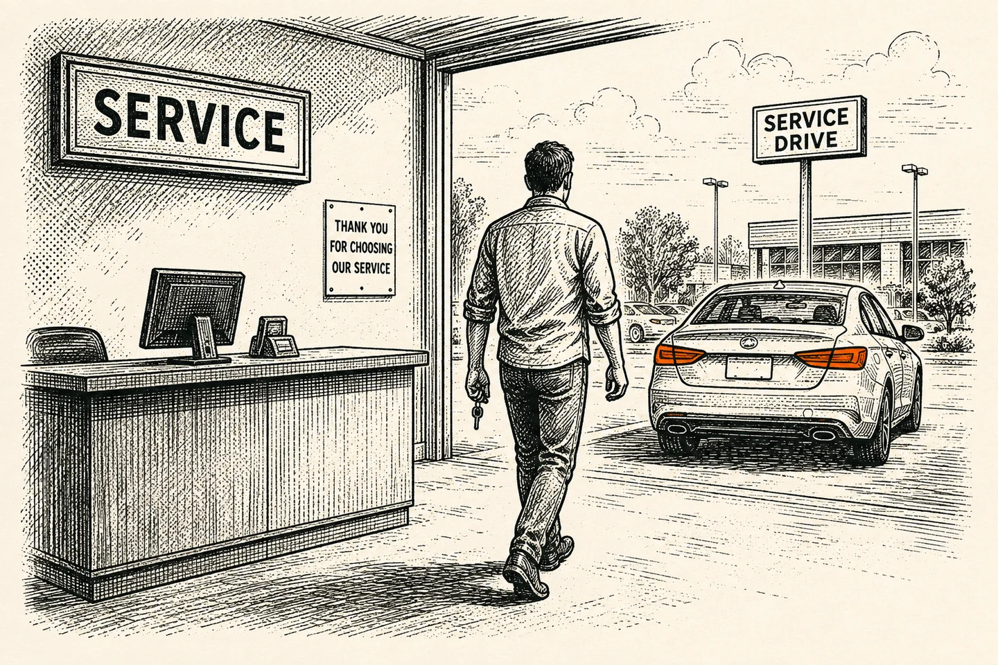 A satisfied customer walking out of a dealership service department toward their car.