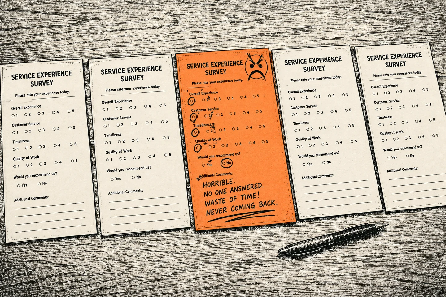 Five blank service surveys on a desk beside one filled-in survey covered in angry comments.