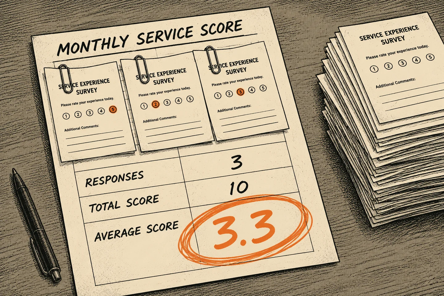 A monthly service scorecard with three survey cards clipped to it, its average score circled, beside a tall stack of unreturned surveys.